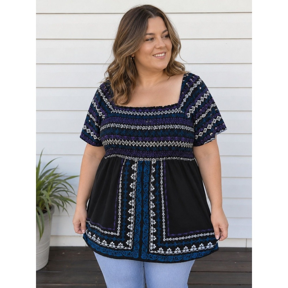 Size 1X - MXM Smocked Peasant Tunic Top Black Blue Purple Boho